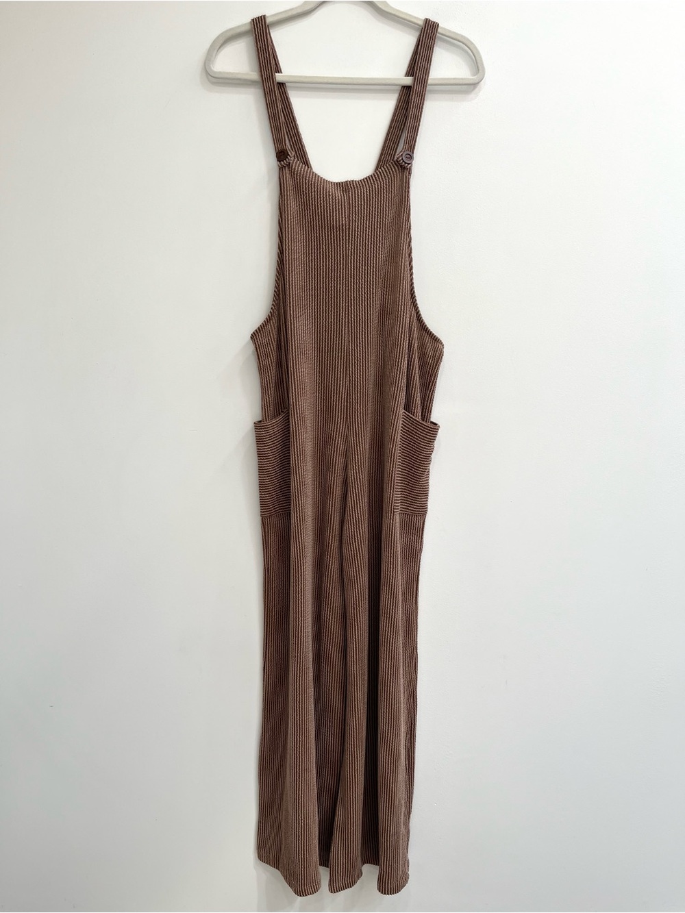 7th Ray Wide Leg Overall Jumpsuit Ribbed Knit Pockets Mocha Brown Tan Large
